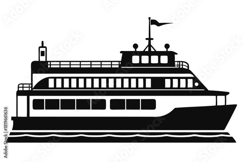 Black silhouette outlines a ferry boat cruising smoothly on water, creating a crisp, bold monochrome