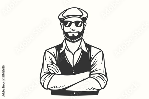 Bearded man wearing cap and glasses confidently crosses his arms in monochrome
