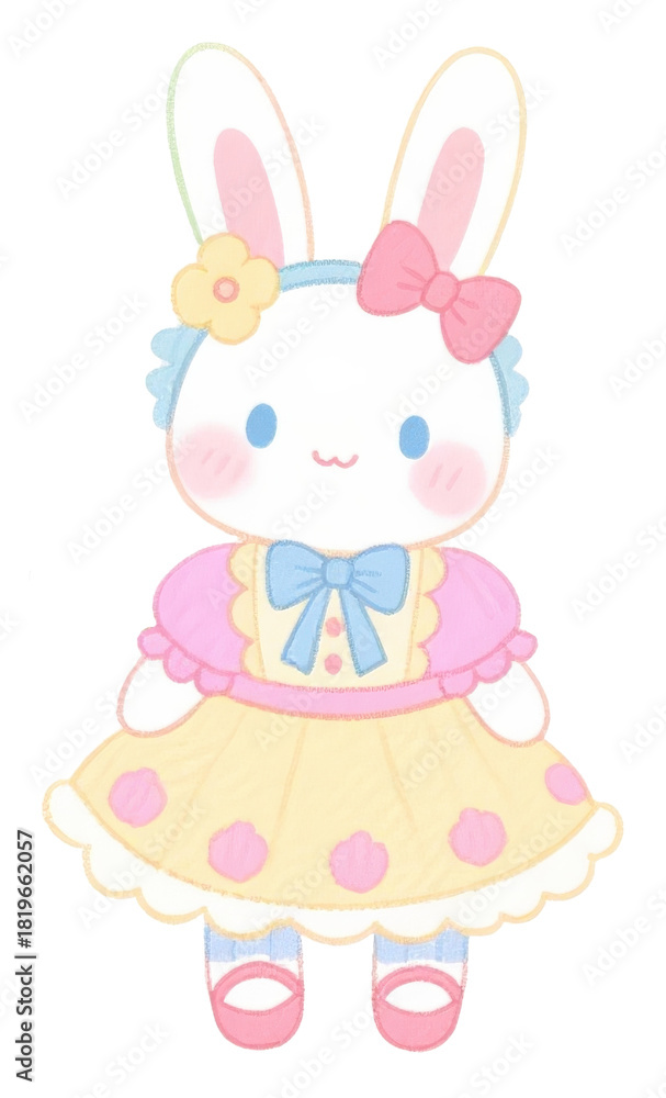 Obraz premium Kawaii Cute Rabbit Bunny Illustrations Watercolor Pastel Lolita Dress Flowers Ribbon