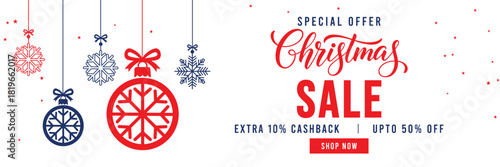 Christmas Sale banner with special offer text, cashback and discount percentages, and hanging red and blue snowflake ornaments and baubles. Ideal for seasonal marketing, holiday shopping, and web head