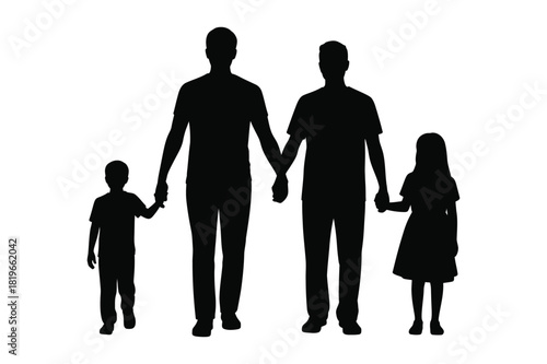 Silhouette of a loving gay couple holding hands with their two children