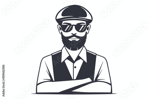 Bearded hipster in hat and sunglasses crosses his arms, looking confident and stylish