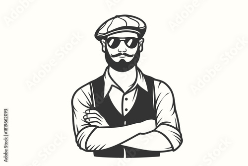 Bearded man wearing a newsboy cap with arms crossed presents a vintage sophisticated style