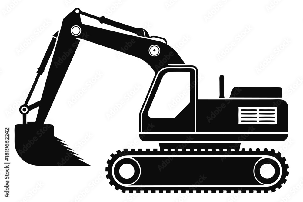 Naklejka premium A solid black excavator is illustrated with tracks and a large scoop bucket visible