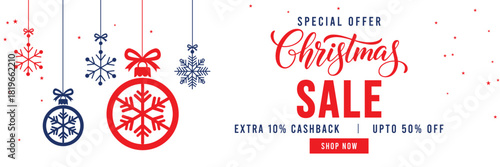 Christmas Sale banner with special offer text, cashback and discount percentages, and hanging red and blue snowflake ornaments and baubles. Ideal for seasonal marketing, holiday shopping, and web head