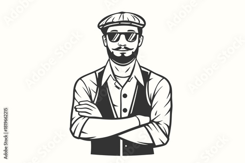 Bearded man in vest and cap with sunglasses crosses arms confidently while standing