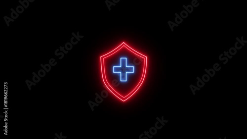 Glowing neon health shield symbol animation on a black background. health shield neon animated protective shield lock barrier health guard bacteria icon logo emblem.
