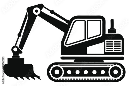 Excavator silhouette shows a robust machine design in black and white