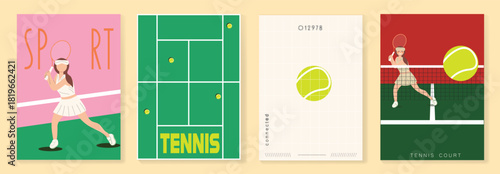 A collection of modern flat-style tennis illustrations featuring players, tennis courts, and minimal sport compositions. Perfect for posters, web design, advertising, and editorial materials.