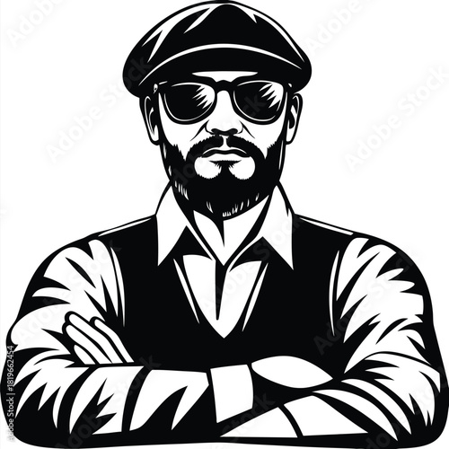 Bearded man with cap and sunglasses poses confidently with crossed arms in black and white