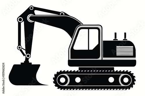 Excavator silhouette in black showcases heavy construction machinery with hydraulic arm and bucket detail