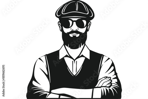 Bearded man with cap and sunglasses poses confidently with arms crossed in black vector