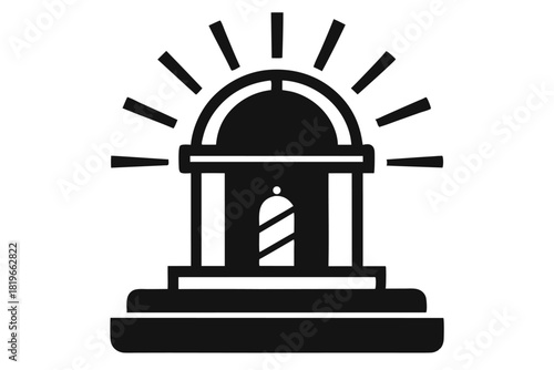 Monochrome shows a lighthouse with visible light rays on a white background