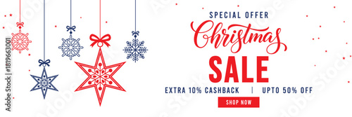 Christmas Sale banner with special offer text, cashback and discount percentages, and hanging red and blue snowflake ornaments and baubles. Ideal for seasonal marketing, holiday shopping, and web head