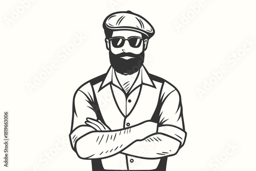 Bearded man wearing sunglasses and newsboy cap stands confidently with folded arms