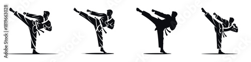Martial Artist Kicking Silhouette Vector Illustration Set – Karate Taekwondo Fighter in Action Pose, Dynamic Sports Artwork Showing Strength, Balance, Discipline, and Power