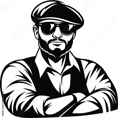 Bearded man in cap and sunglasses stands confidently with crossed arms, rendered in black and white