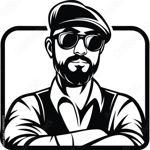 Bearded man in cap and sunglasses stands confidently with crossed arms within a frame