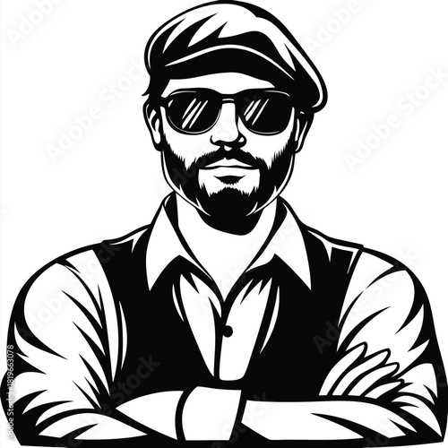 Bearded man wearing sunglasses and a newsboy cap crosses his arms confidently