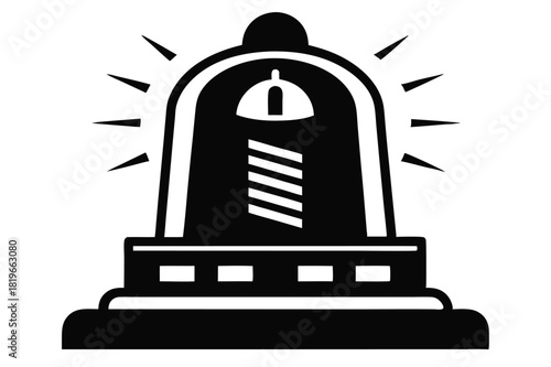 Black silhouette shows a flashing siren icon with stripes and bright light rays