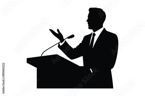 Silhouette of a confident businessman speaking passionately at a podium with a microphone