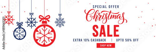 Christmas Sale banner with special offer text, cashback and discount percentages, and hanging red and blue snowflake ornaments and baubles. Ideal for seasonal marketing, holiday shopping, and web head