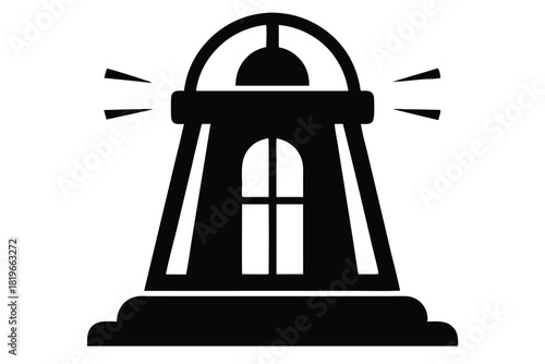 Black lighthouse icon emits light from the top near the window, showing sea navigation
