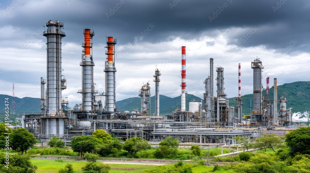 Obraz premium Oil refinery complex processing crude petroleum under storm clouds