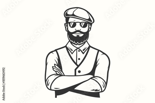 Bearded man wears a beret and sunglasses standing confidently with folded arms