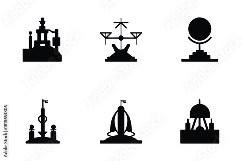 Collection of six black silhouettes of historical scientific instruments and devices