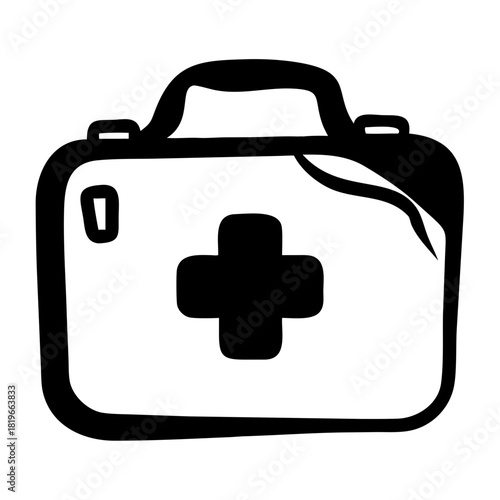 Black and white line art illustration of a classic first aid kit, featuring a prominent cross symbol on the front, a sturdy handle, and simple design details