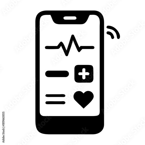 Digital health application on a smartphone screen, showing a heartbeat rhythm, medical symbols, and a heart icon, symbolizing remote patient monitoring, telemedicine, and wellness technology