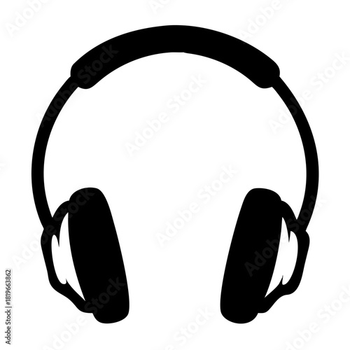 A minimalist black silhouette of overear headphones, a universal symbol for music, audio, listening, and personal sound experience, often used for entertainment, communication, or professional work