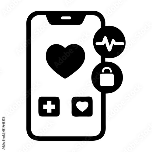 Digital health application icon on a smartphone screen, featuring a heart symbol, heartbeat monitor, and secure padlock, representing mobile healthcare, wellness technology, and secure patient data