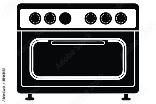 Solid black oven icon exhibits four burners alongside an interior access door