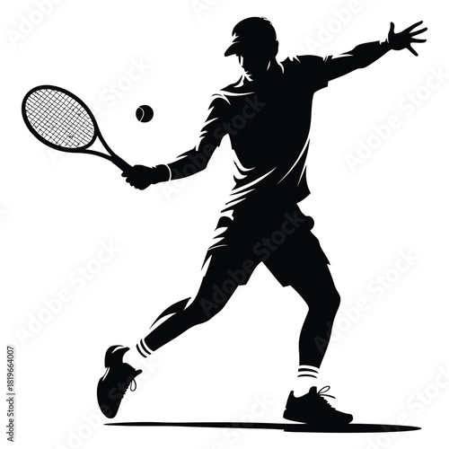 Tennis Player Forehand Shot Silhouette Vector Illustration – Professional Athlete Hitting Ball in Action, Dynamic Sports Artwork Showing Power, Speed, Focus, and Athletic Performance