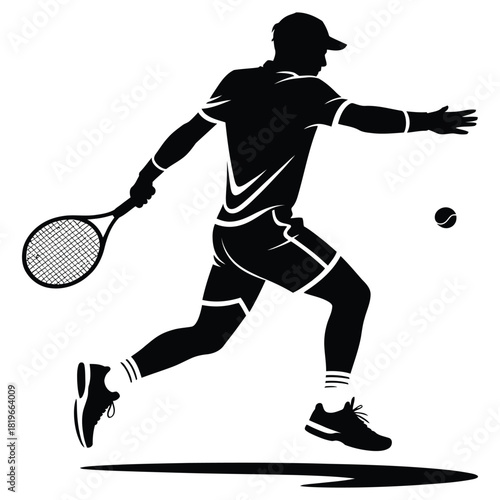 Tennis Player Hitting Ball Silhouette Vector Illustration – Professional Athlete in Action Pose, Dynamic Sports Artwork Representing Power, Focus, Agility, Precision, and Athletic Skill