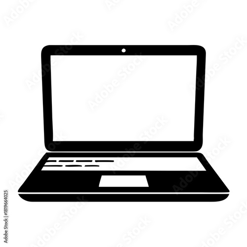 Simple black icon of an open laptop computer with an empty screen, symbolizing modern technology, remote work, and digital connectivity