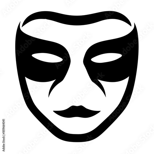 A striking black and white theatrical mask with bold lines and a mysterious expression, perfect for themes of drama, anonymity, and performance
