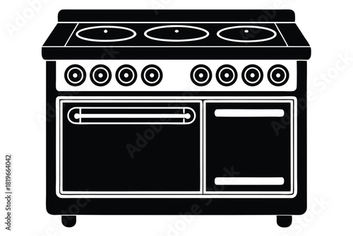 Black and white drawing shows a front view of a modern residential oven