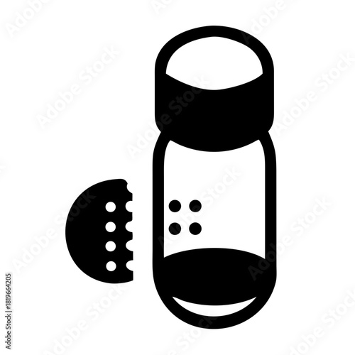 A minimalist black and white icon depicting a classic salt or pepper shaker, with a portion of the lid removed to show the dispensing holes, symbolizing seasoning, flavor, and culinary preparation