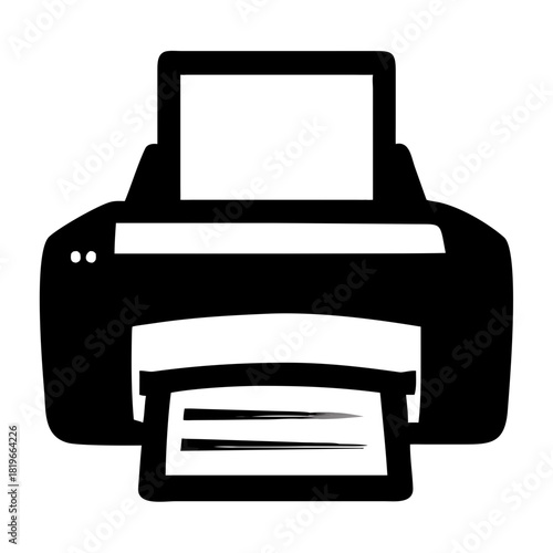 Black and white icon of a printer with paper being fed through, representing printing, office work, and document management
