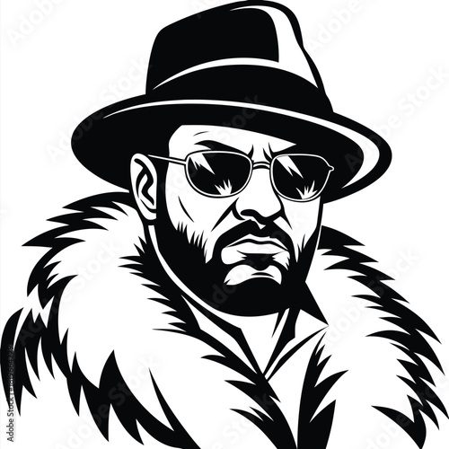 Bearded man with hat and sunglasses, wearing fur coat, in monochrome style