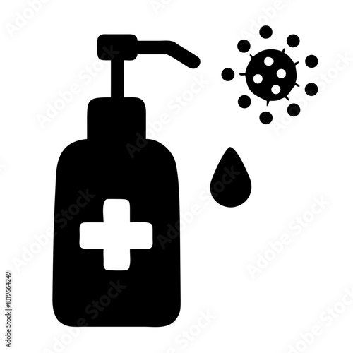 Black silhouette of a hand sanitizer dispenser with a cross, accompanied by a virus symbol and a drop, illustrating concepts of cleanliness, health, and disease prevention