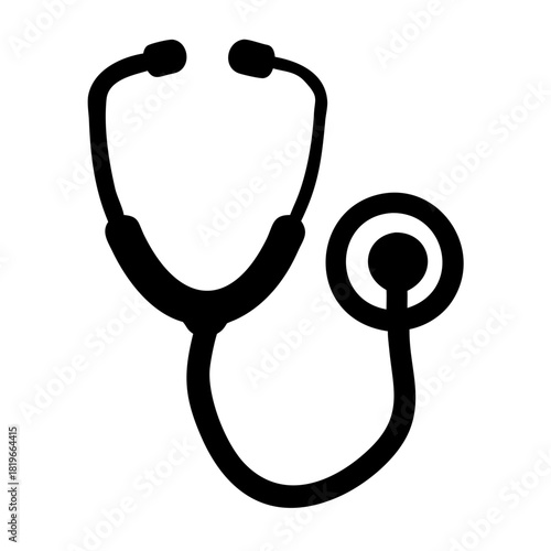 A minimalist black icon representing a stethoscope, a fundamental piece of medical equipment for auscultation and diagnosis in healthcare settings, symbolizing health, medicine, and patient care