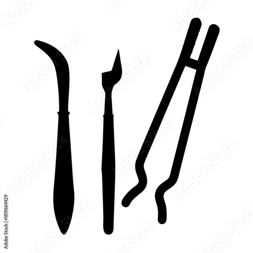 Black silhouettes of precision tools a curved knife, a straightbladed instrument, and forceps, these essential implements are suitable for medical, crafting, or laboratory work