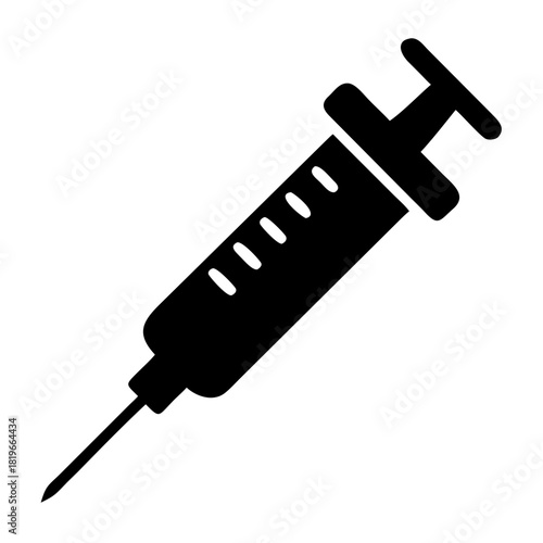 Black silhouette of a medical syringe with a sharp needle, commonly used for injections, vaccinations, and drawing blood