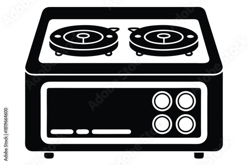 Black compact stove with two gas rings and circular controls offers minimal cooking