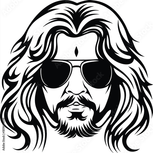 An Asian man's face with long hair, a beard, and aviator sunglasses shines
