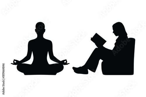 Silhouettes of a person meditating and another person reading a book